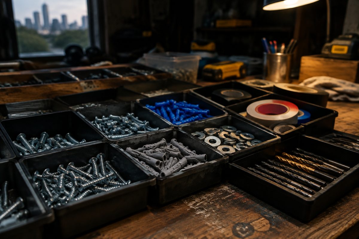Open trade bins holding separated construction components