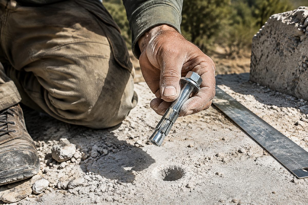 Worker checking a concrete anchor against drilled concrete
